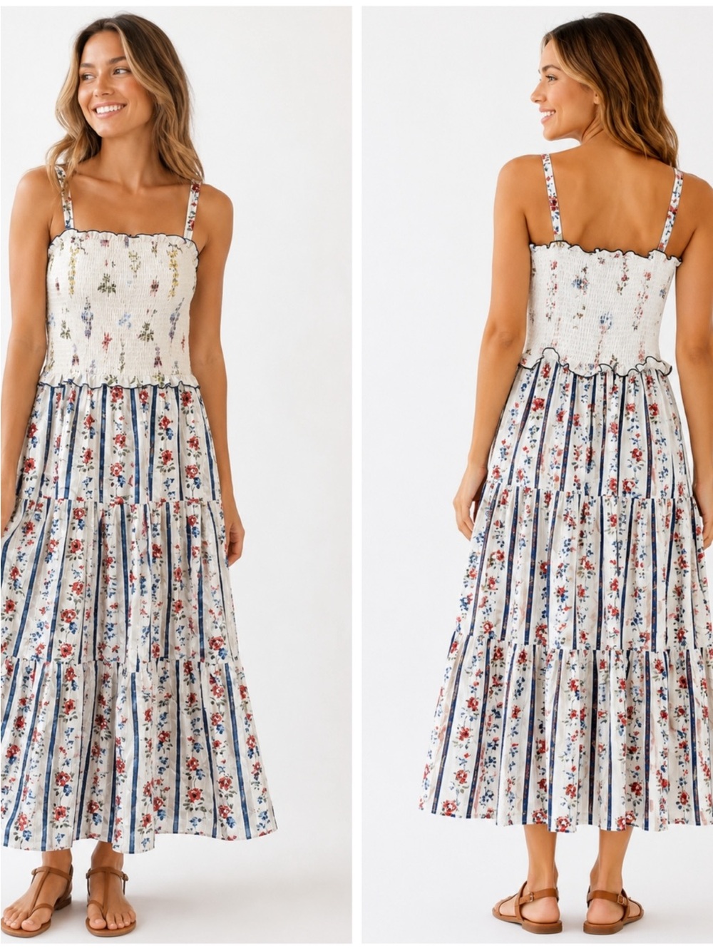 White Closet Elements Smocked Floral Tiered Midi Maxi Dress Size
